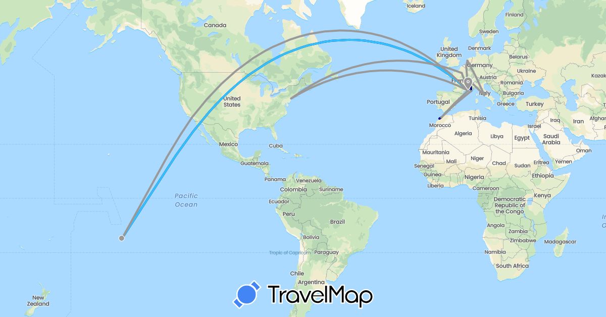 TravelMap itinerary: driving, plane, boat in Belgium, France, Italy, Morocco, Netherlands, French Polynesia, United States (Africa, Europe, North America, Oceania)